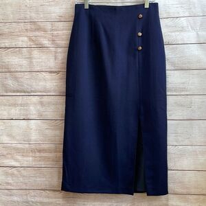 VINTAGE DANIELLE MARTIN WOOL MAXI SKIRT IN NAVY BLUE
